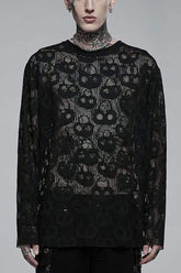 Black Long Sleeves Skull Print Lace Sheer Mesh Men's Steampunk T-Shirt